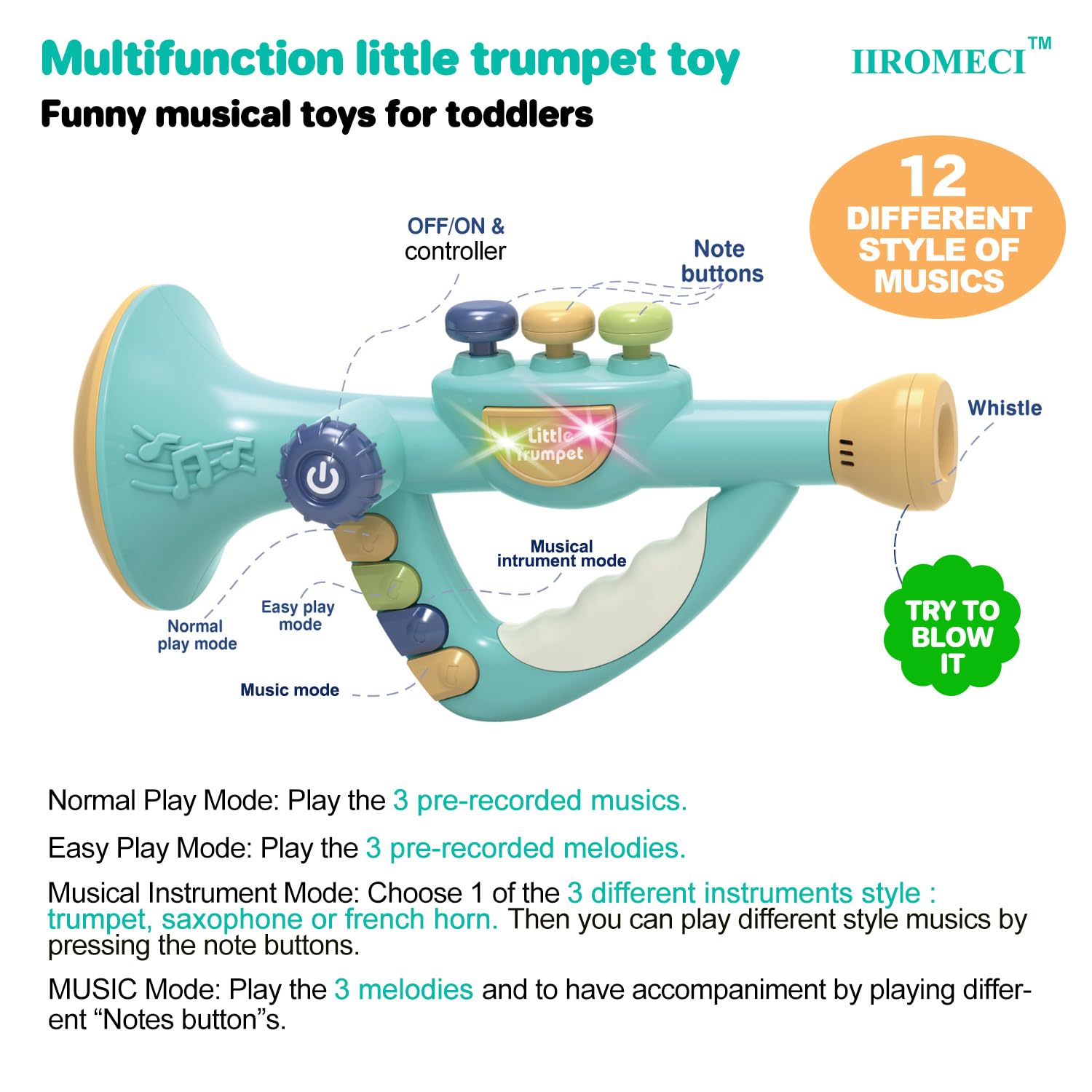 IIROMECI blue trumpet toy with colorful lights enhances sensory play and engagement.