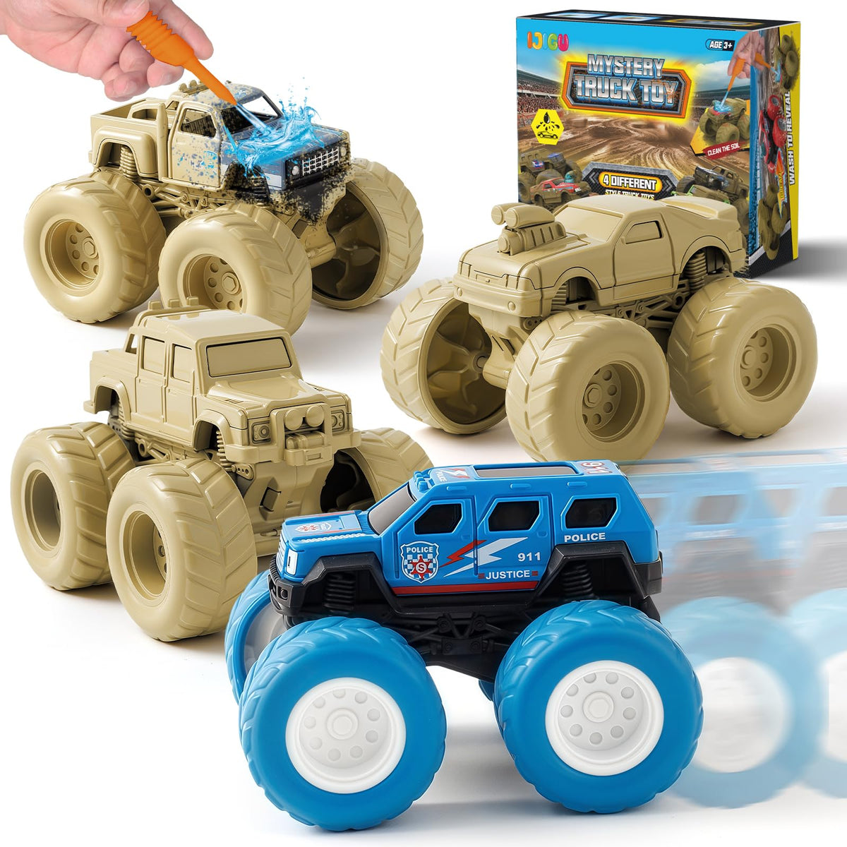 IJIGU Monster Trucks with wash-reveal concept showing hidden colors after rinsing.