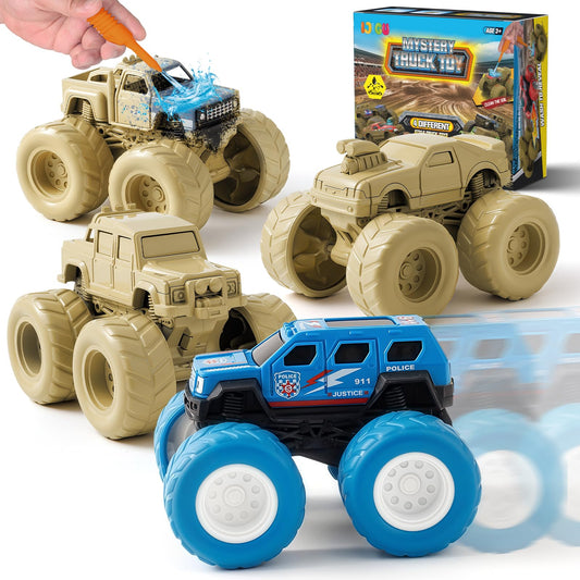 IJIGU Monster Trucks with wash-reveal concept showing hidden colors after rinsing.