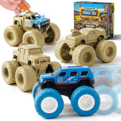 IJIGU Monster Trucks with wash-reveal concept showing hidden colors after rinsing.