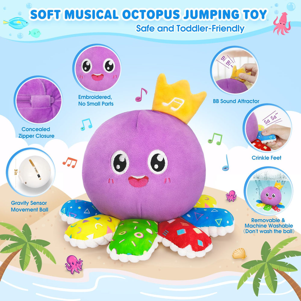 Soft plush IJIGU octopus with embroidered eyes and washable cover.