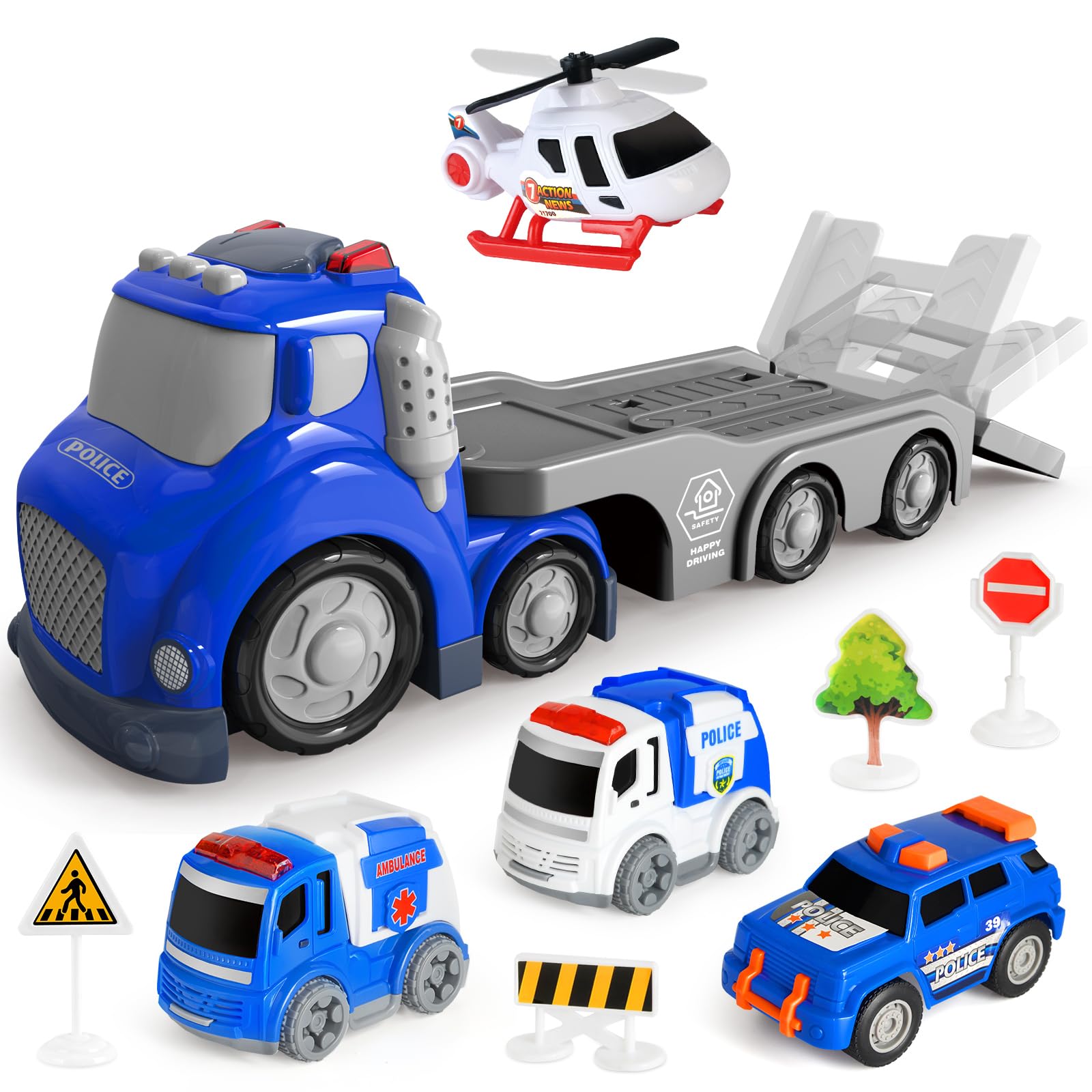 IJIGU police truck transport trailer for imaginative play and easy cargo loading.
