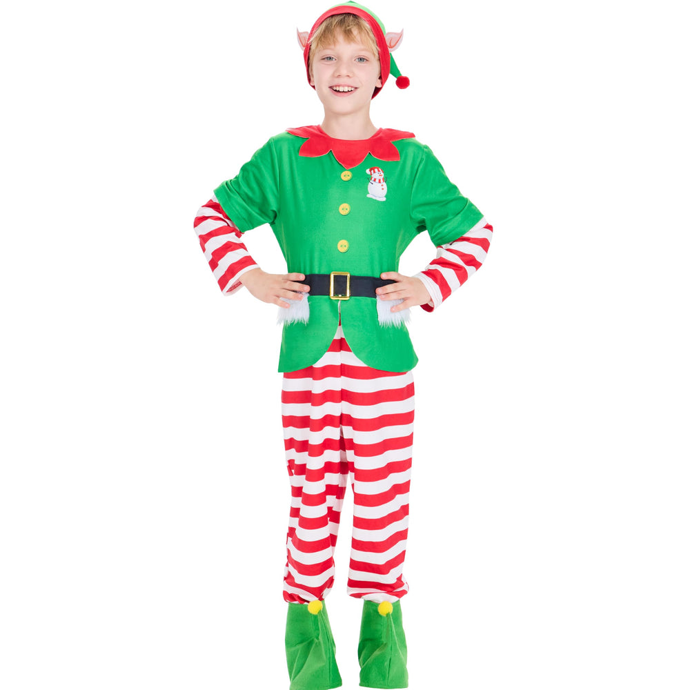 IKALI Kids Christmas Elf Costume jumpsuit with snowman design, great for festive play and photos.