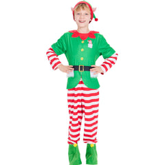 IKALI Kids Christmas Elf Costume jumpsuit with snowman design, great for festive play and photos.