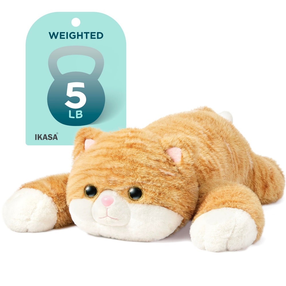 IKASA 5lbs weighted tabby cat plush provides calming gravity sensory relief.