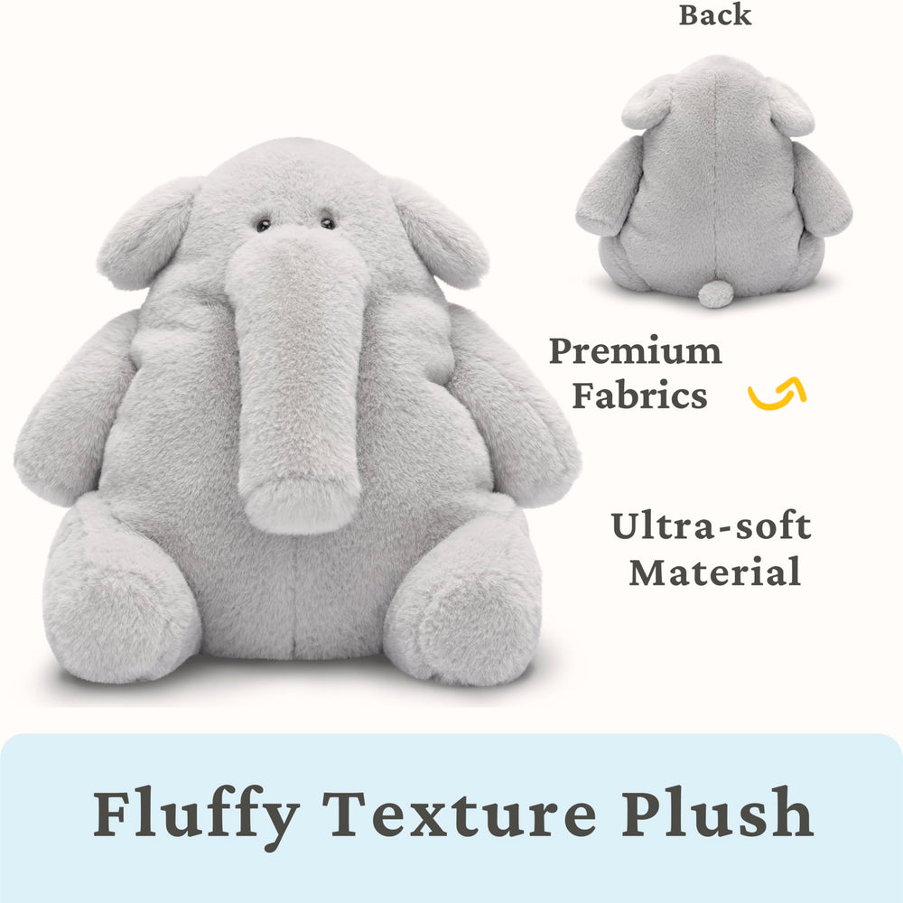Bedtime snuggle moments with IKASA Elephant plush on the bed.