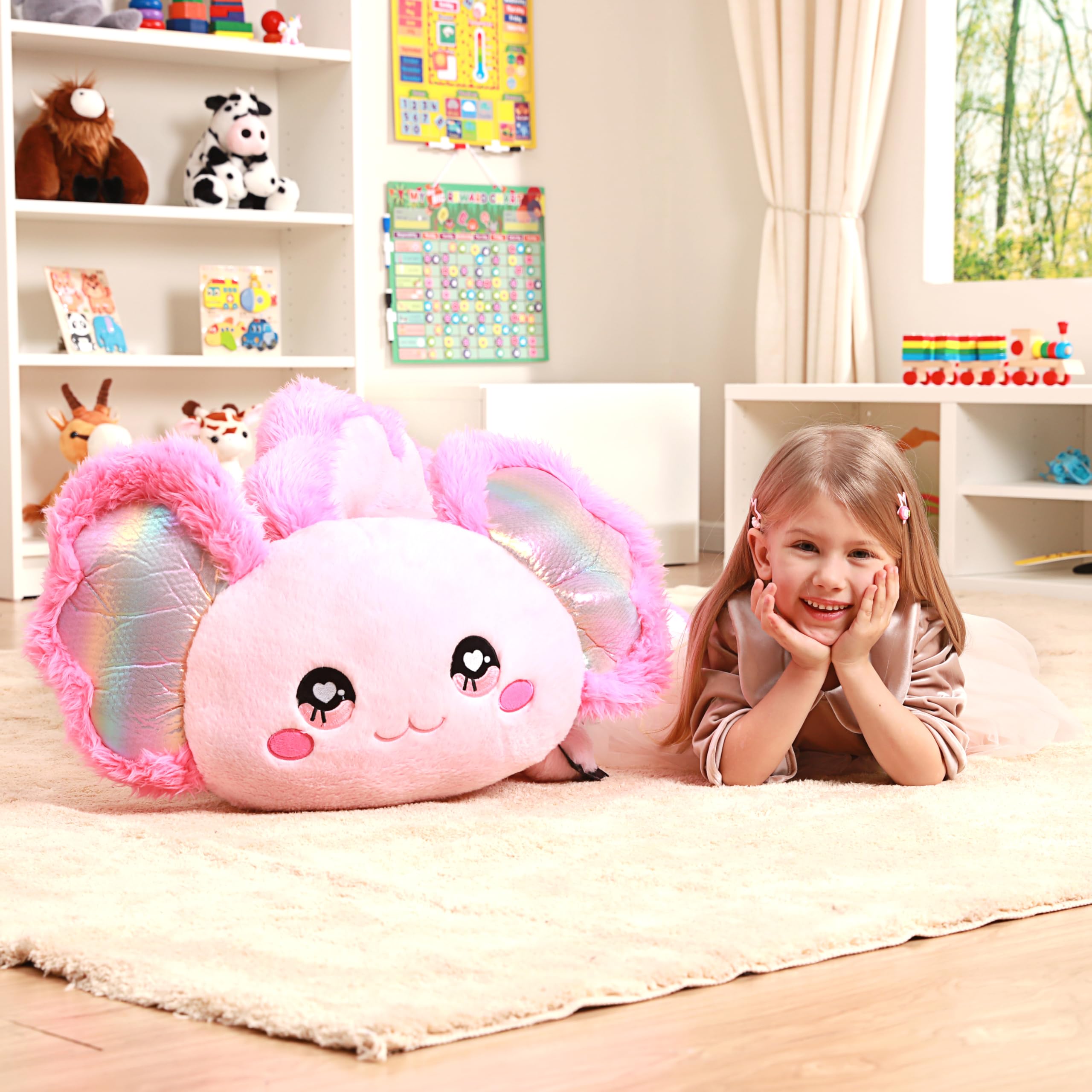 IKASA giant axolotl plush side view, showcasing its oversized cuddly appeal for hugs.