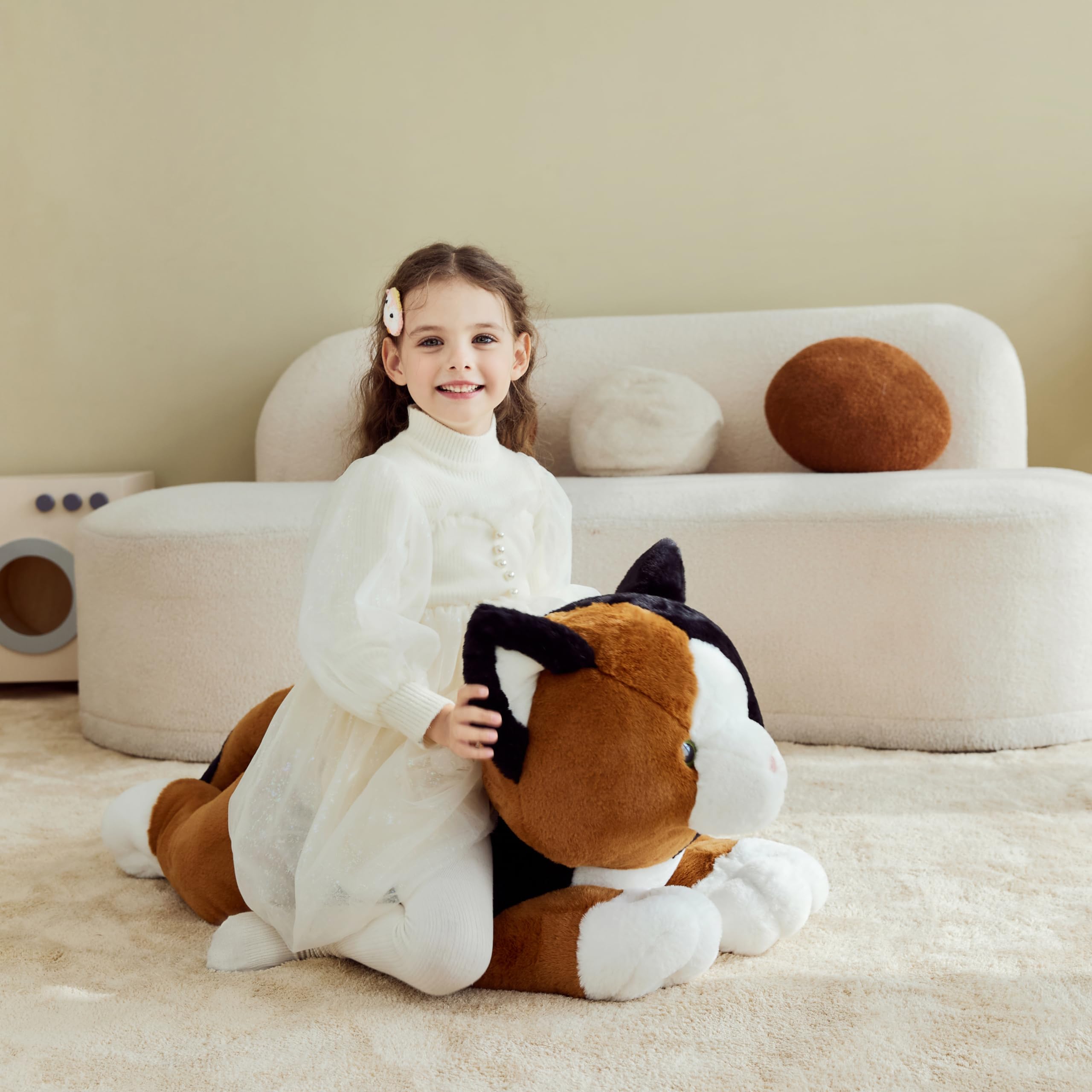 IKASA giant calico cat plush, decorative setup, doubles as cozy home decor.
