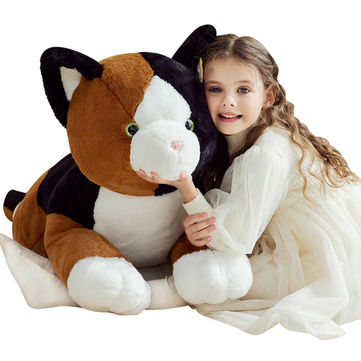 IKASA giant calico cat plush, front view, a soft cuddly companion for cozy naps.
