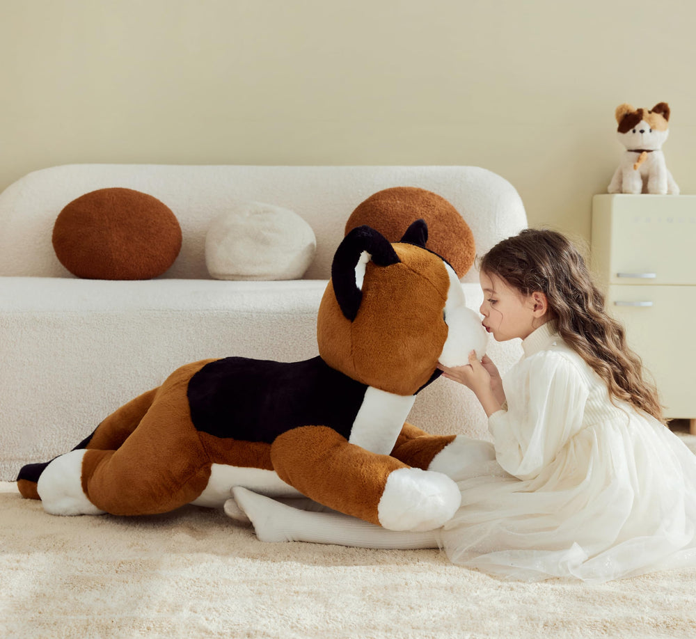IKASA giant calico cat plush, gift-ready packaging, ideal for birthdays and holidays.