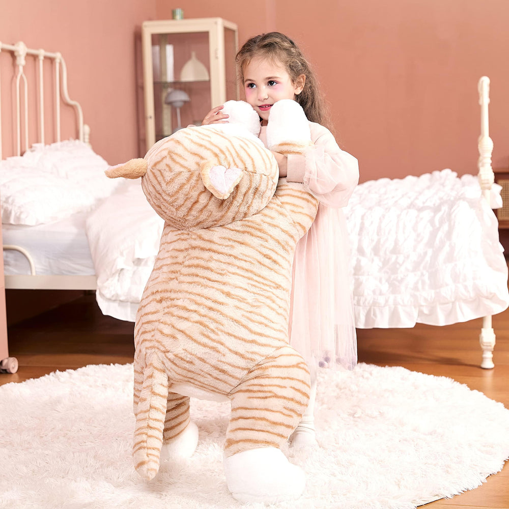 IKASA giant orange cat plush, close-up fur, irresistibly soft texture for hugs.