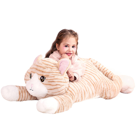 IKASA giant orange cat plush, front view, soft cuddle companion for playtime and comfy naps.