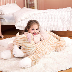IKASA giant orange cat plush, hugging position, perfect cuddle buddy during storytime.