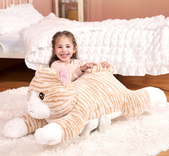IKASA giant orange cat plush, side view, adds warm decor to a child's room.