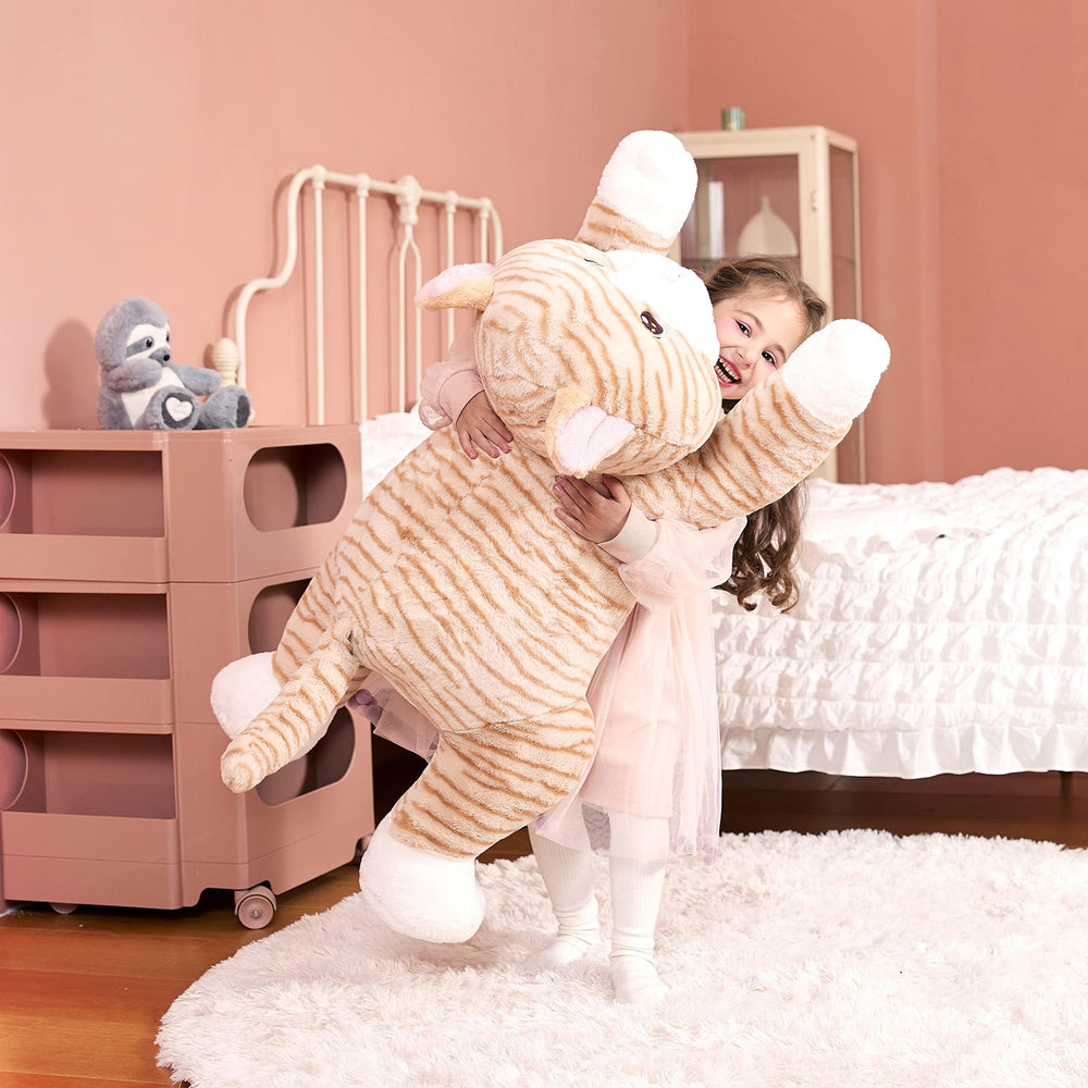 IKASA giant orange cat plush, detailed stitching, durable plush ideal for everyday use.