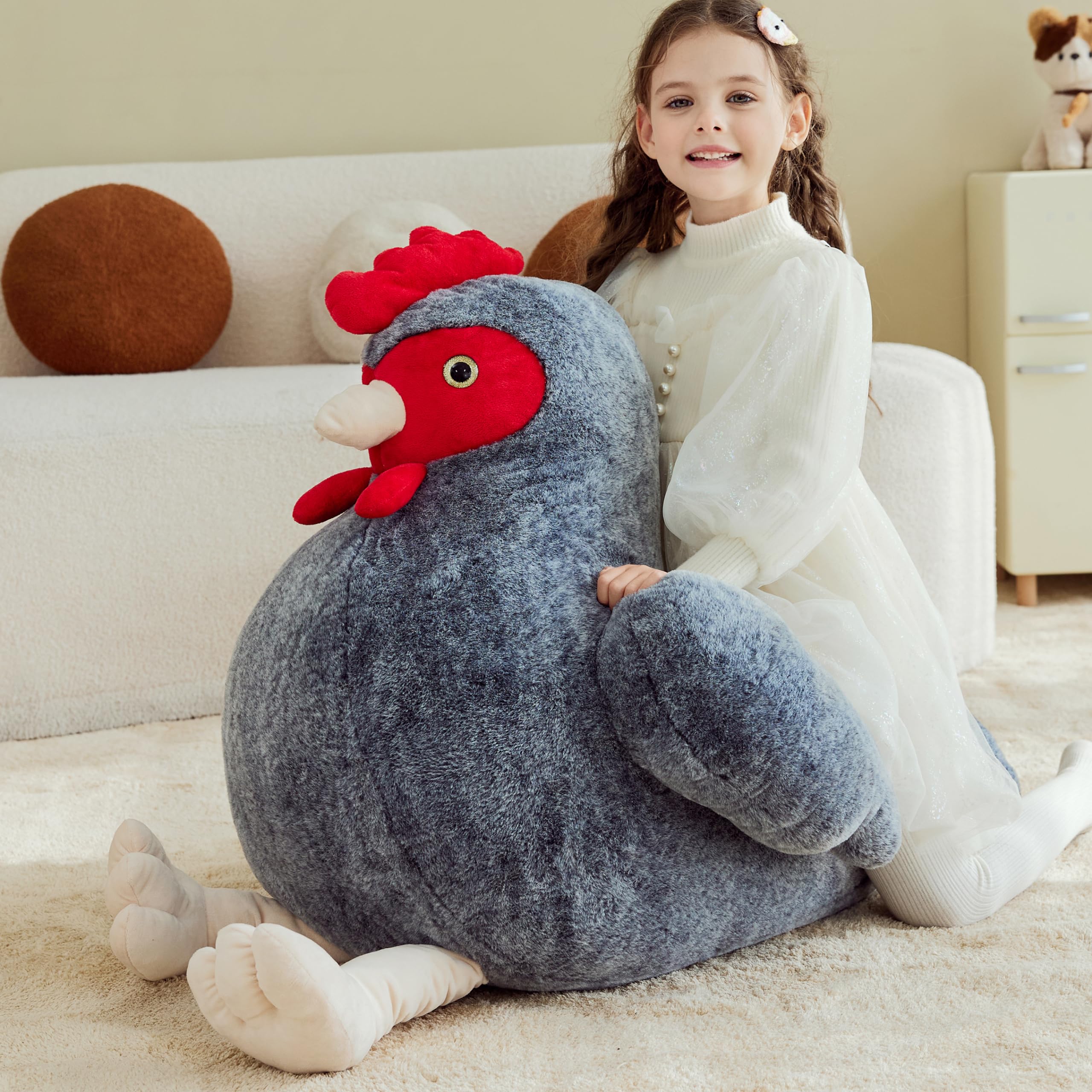 IKASA oversized chicken plush in living space, ideal as a soft decor centerpiece and cuddle buddy.