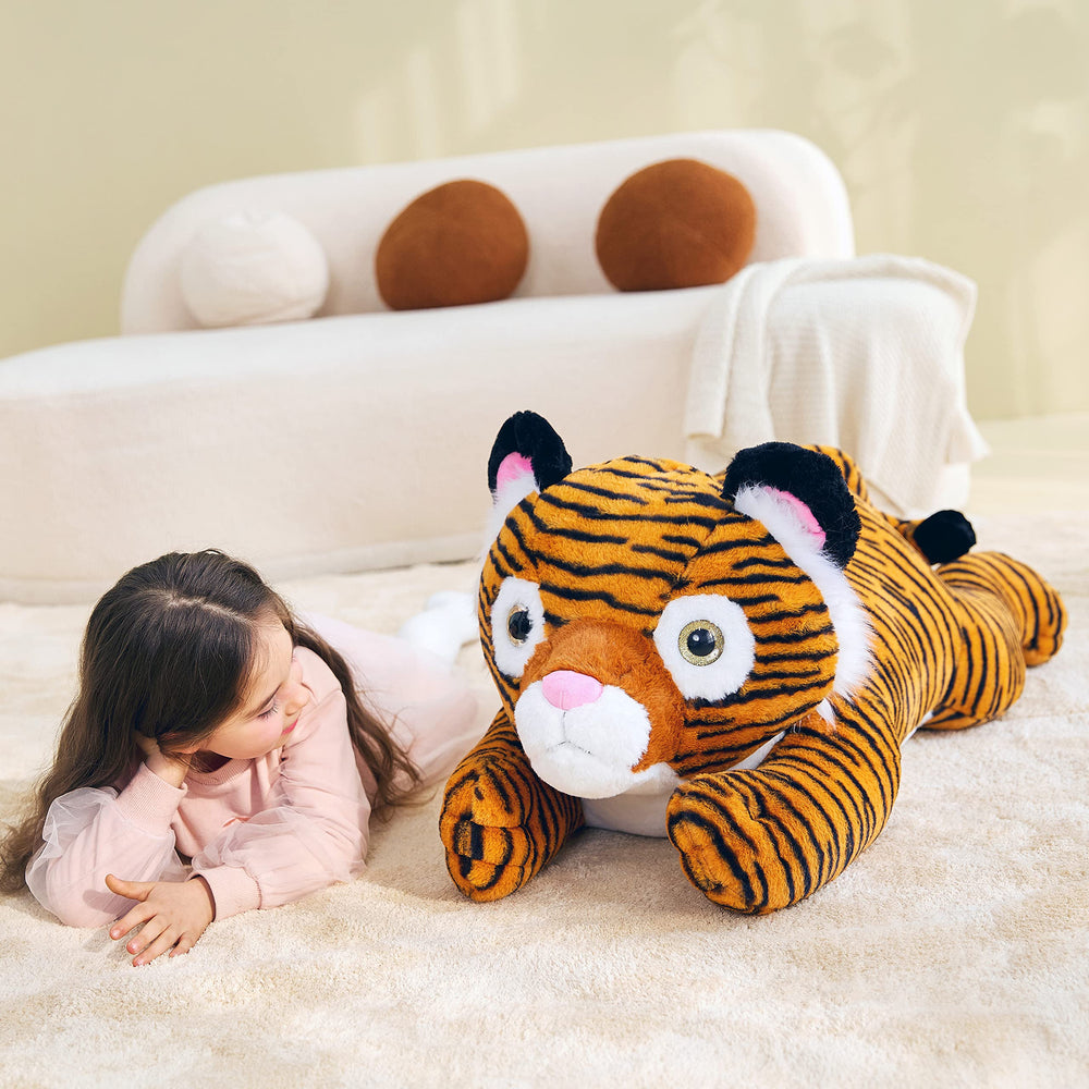 IKASA giant tiger plush 30-inch hugging pose, ideal for comforting hugs and room decor