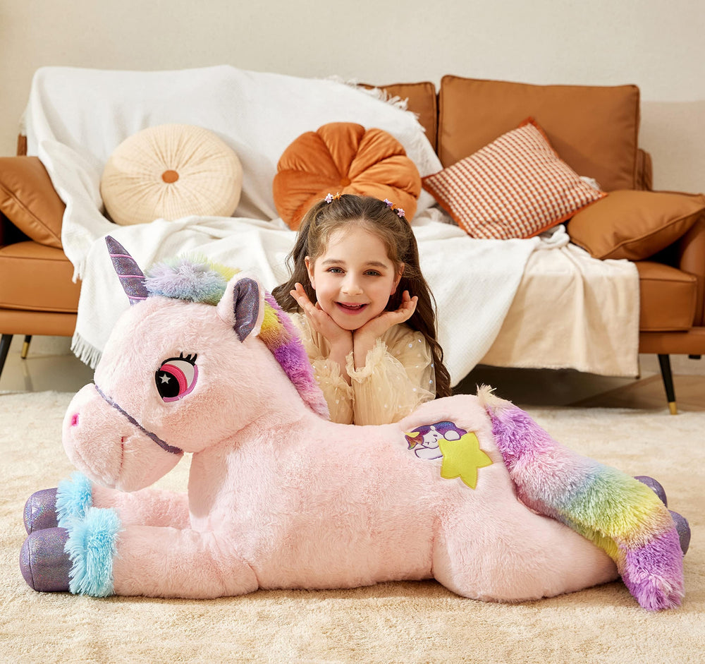 IKASA oversized unicorn plush with soft fabric for hugs during story time.