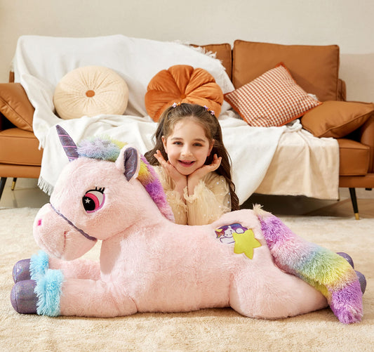 IKASA oversized unicorn plush with soft fabric for hugs during story time.