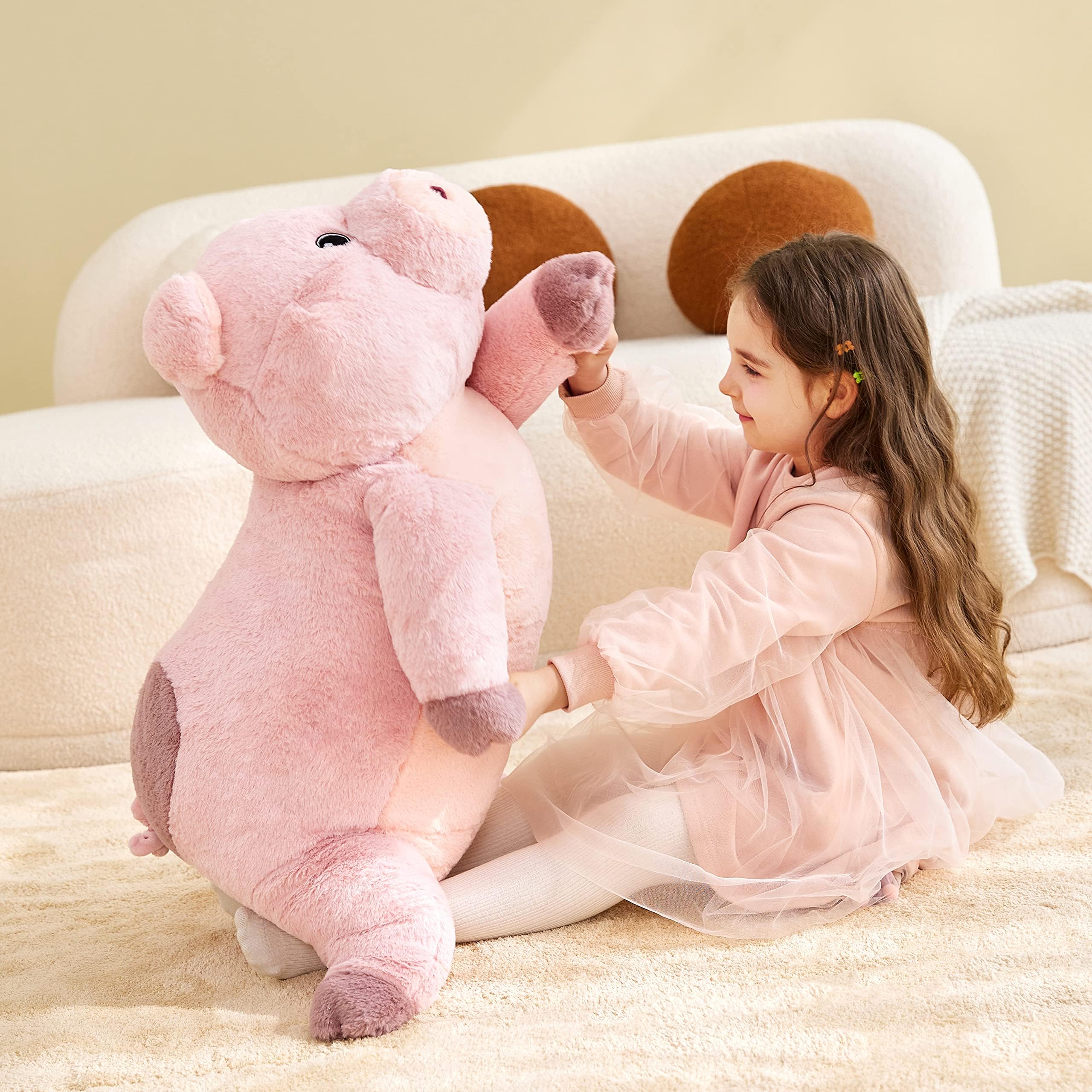 Close-up of IKASA plush pig fur texture for cozy hugs.
