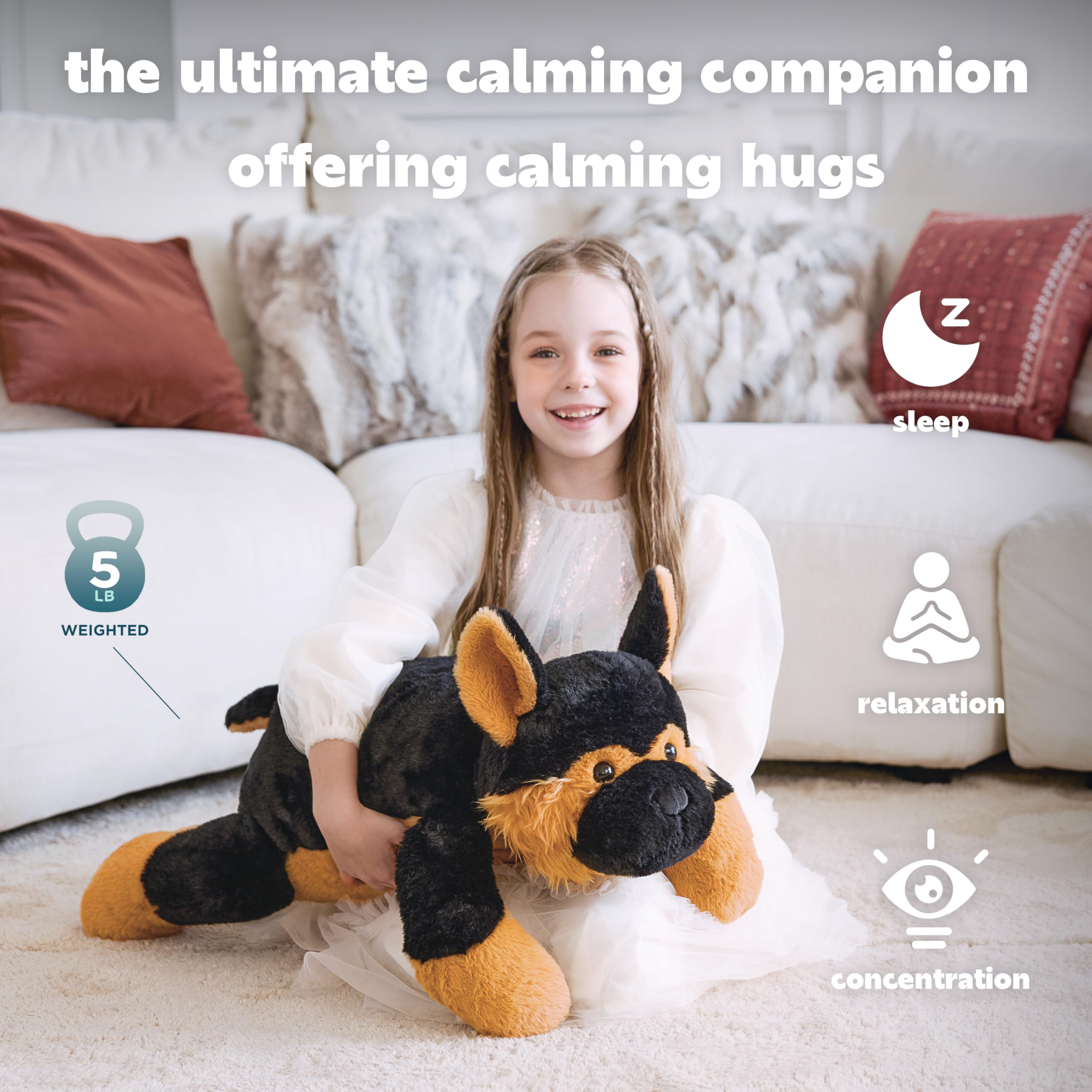 IKASA weighted dog plush highlighting gravity-assisted relaxation