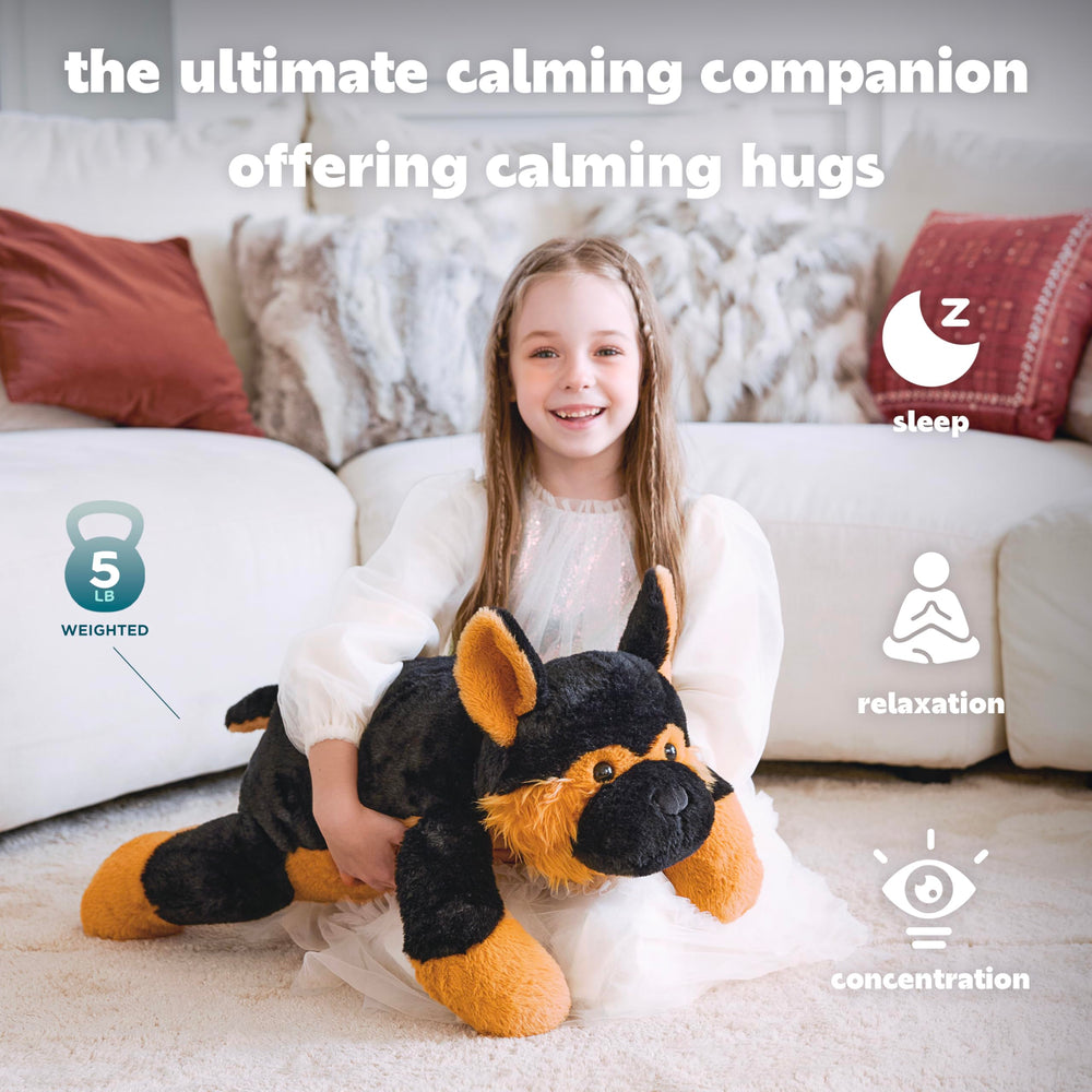 IKASA weighted dog plush highlighting gravity-assisted relaxation