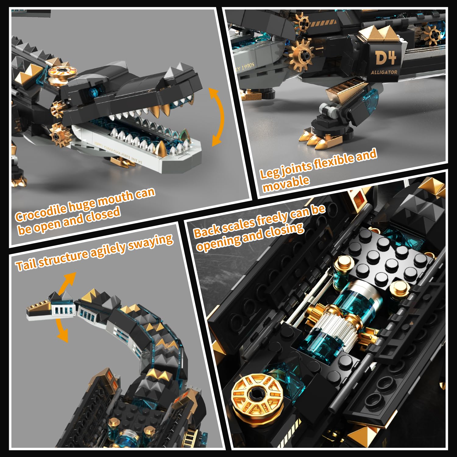 IKKOSYA crocodile building set assembly action showing movable jaw and gears