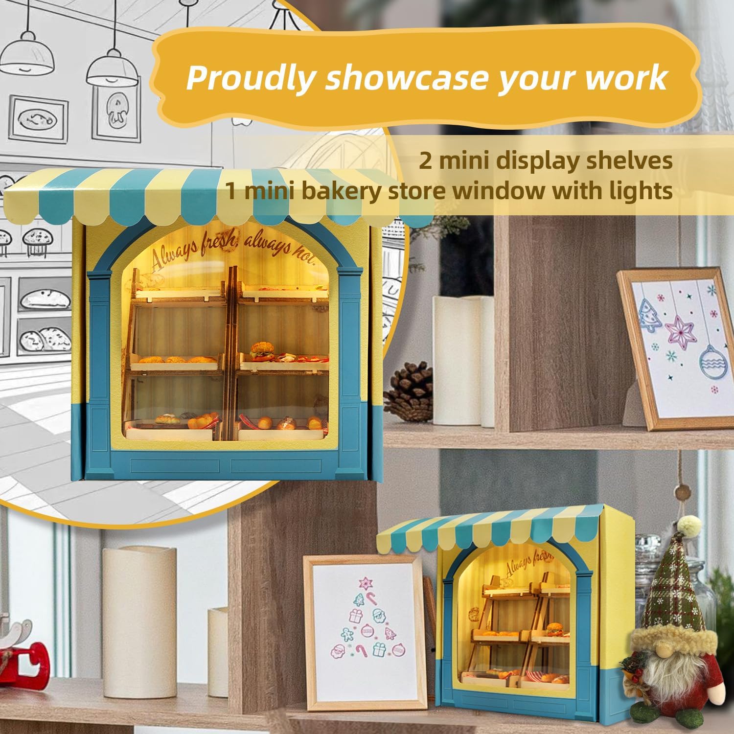 iland Cute Crafts wooden display shelves with price tags for showcasing mini foods.