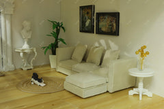 iland 1:12 scale modern white velvet couch complements 3–6 inch dolls