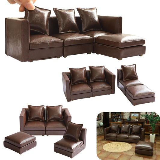 iLAND Dollhouse Sectional Couch front view in brown faux leather for realistic display