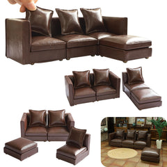 iLAND Dollhouse Sectional Couch front view in brown faux leather for realistic display