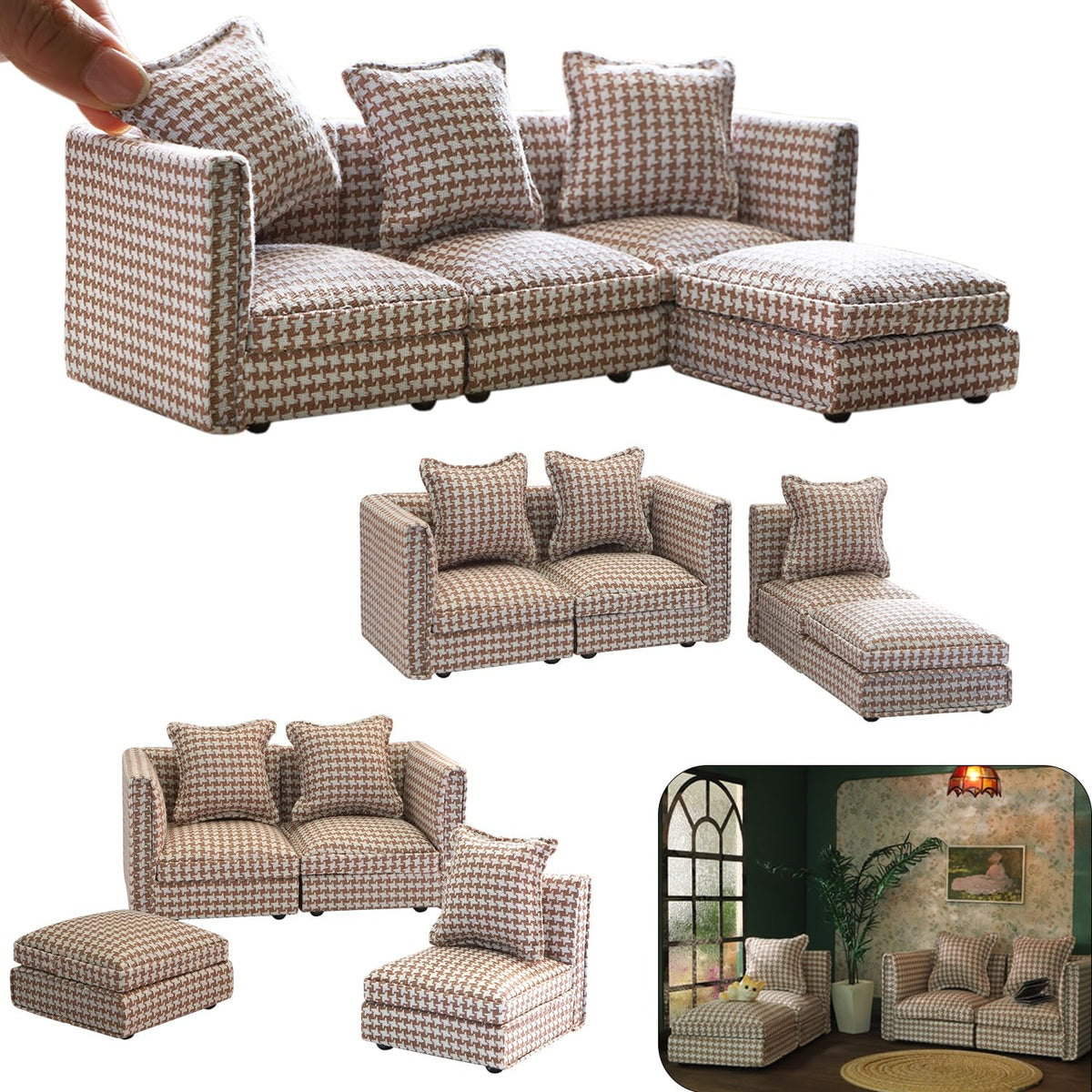 iland dollhouse sectional sofa in brown houndstooth adds timeless charm to any room