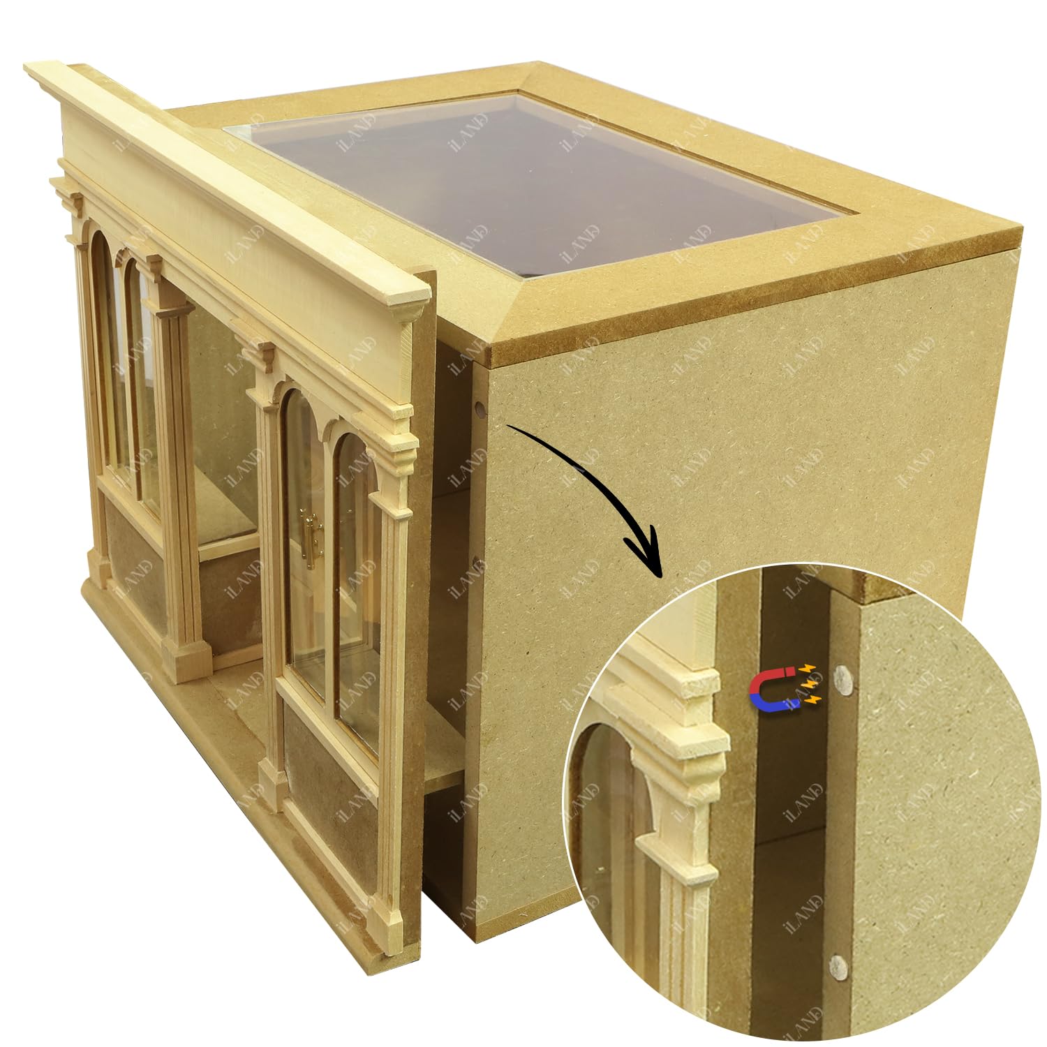 iland wooden dollhouse room box open doors for easy scene changes