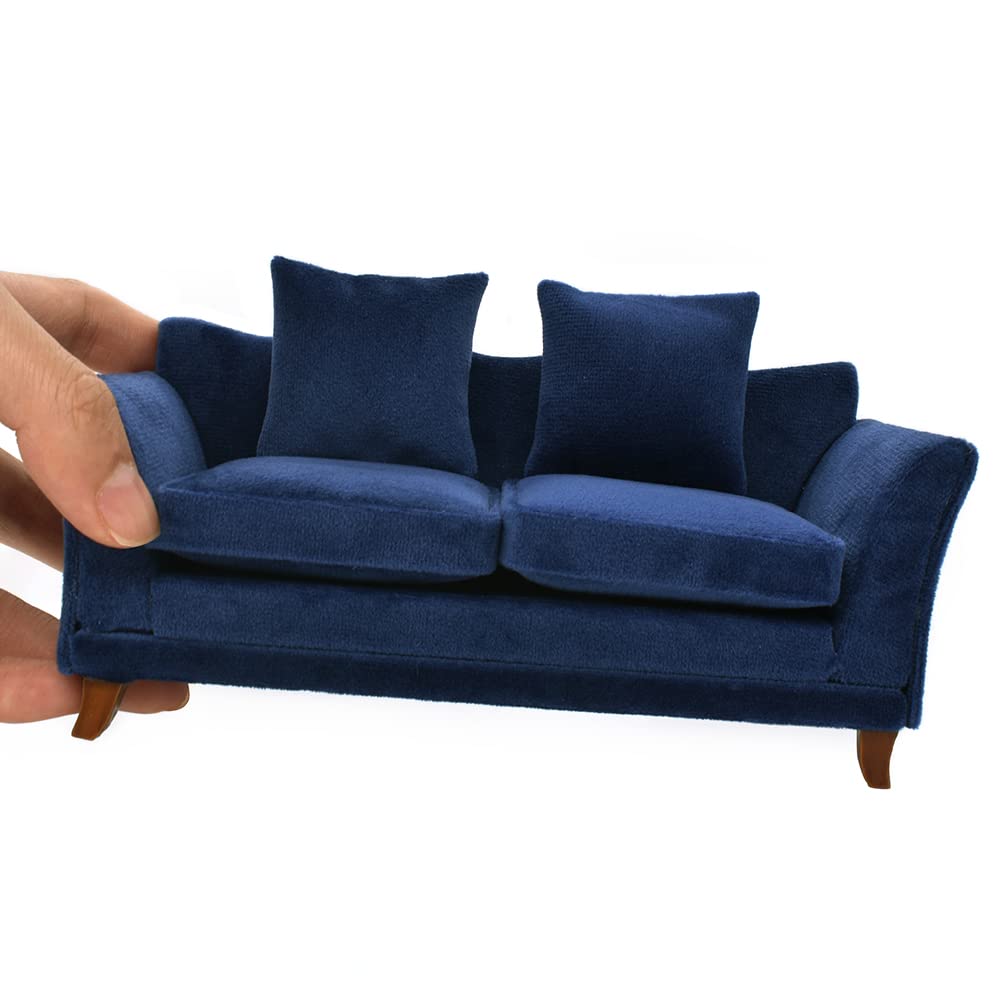 iland modern dollhouse sofa in dark blue velvet for a chic 1:12 living space.
