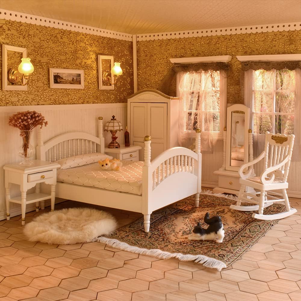 iLAND Victorian dollhouse bed with white and gold finish enhances a vintage bedroom display