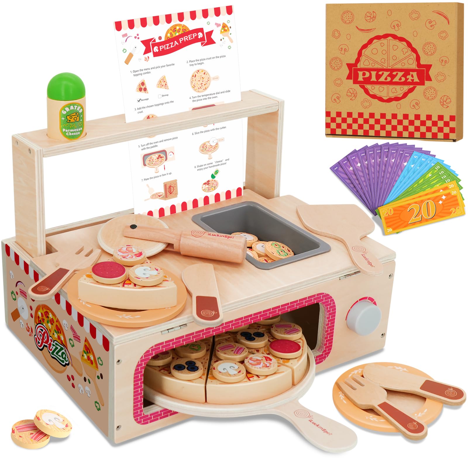 iLuckinSpri wooden pizza set oven for realistic pretend baking and imagination