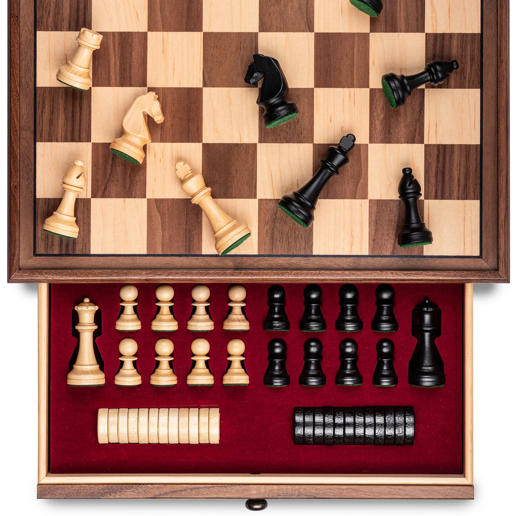 A&A 15-Inch Walnut Chess Set with Storage Drawer - Triple-Weighted Pieces, 3-Inch King, Walnut & Maple Inlay, 2 Extra Queens