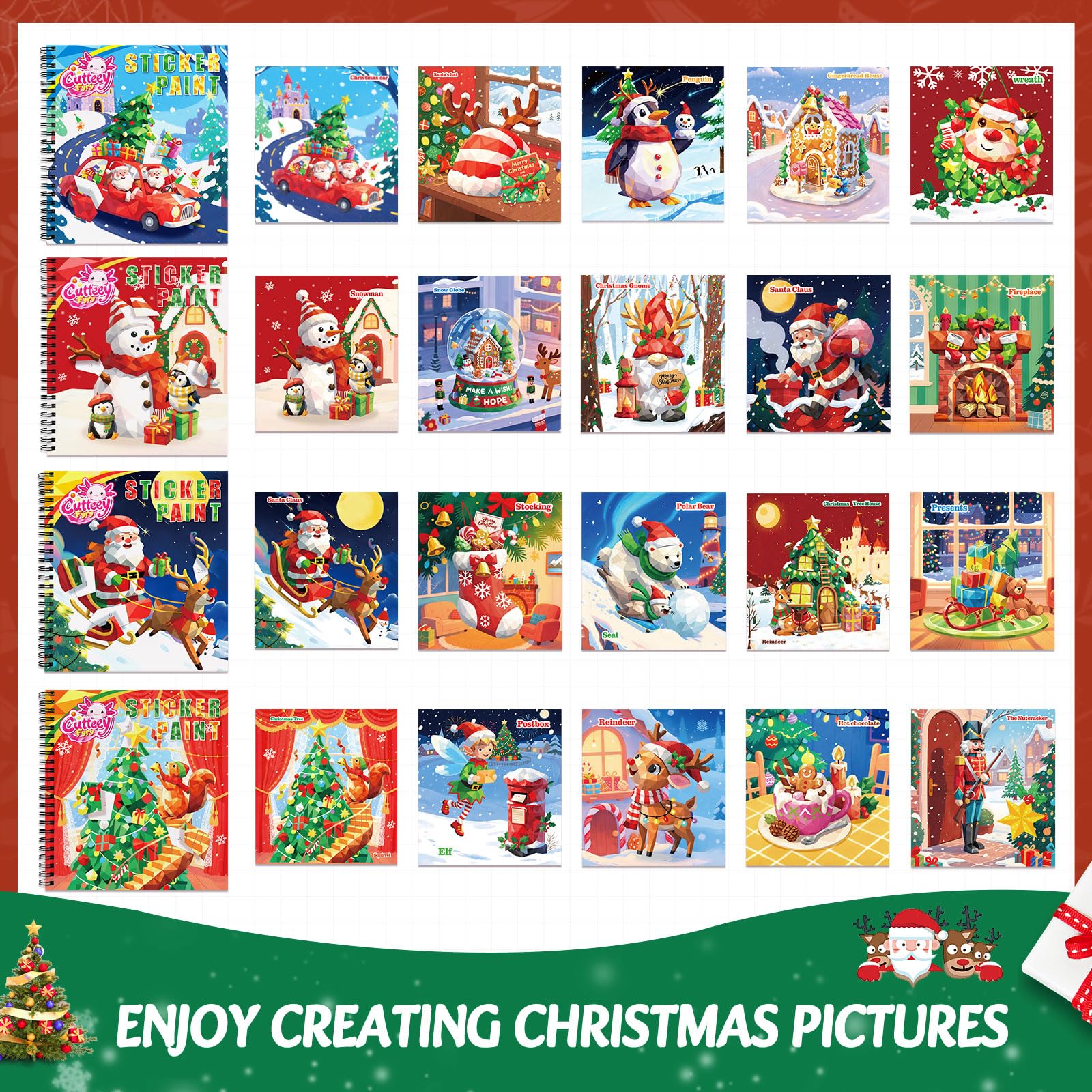 CutteeyFyry 4-Pack Paint by Number Sticker Book – Christmas Crafts & Travel Activities for Kids 4–10