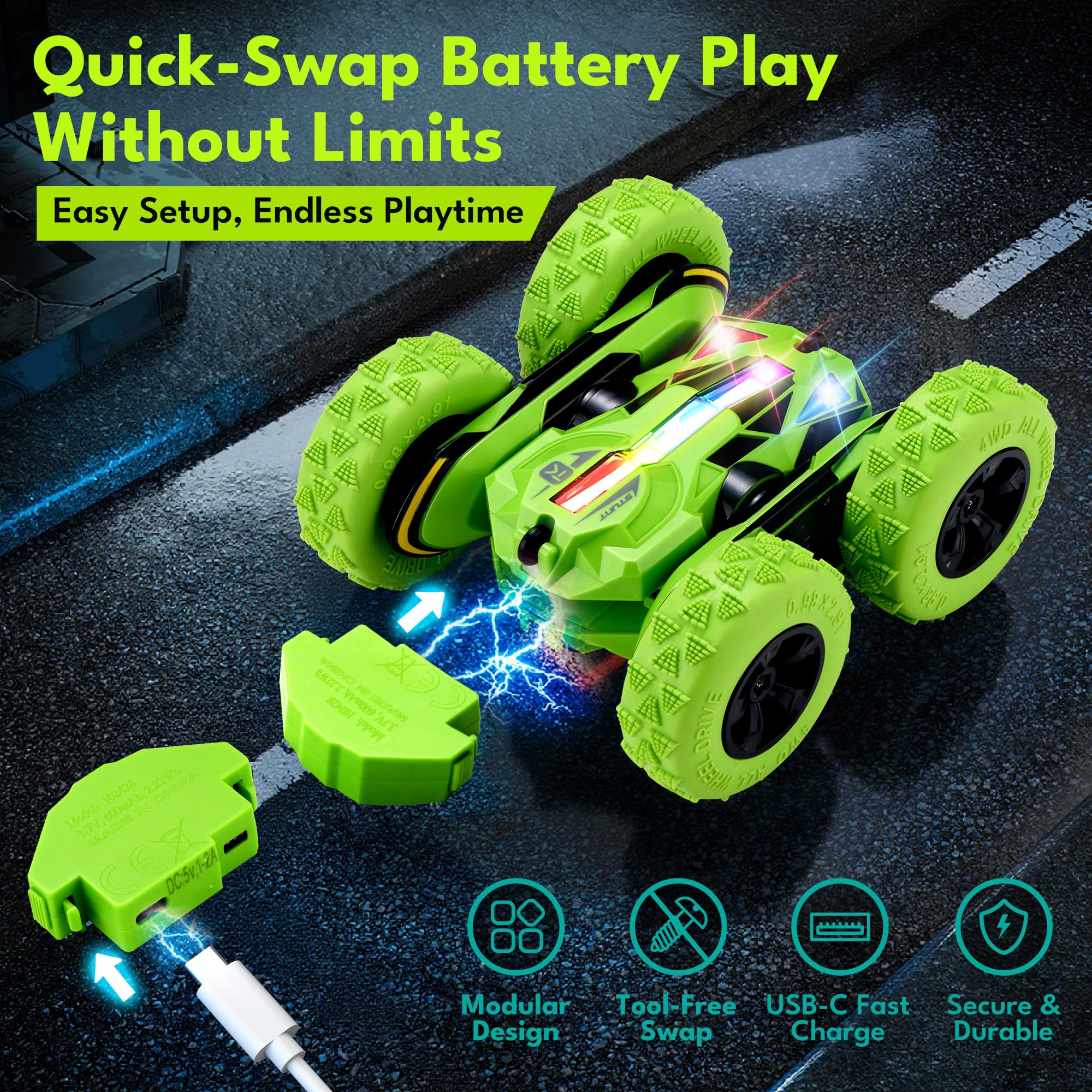 Threeking 4WD RC Car with Modular Batteries, Breathing Lights & 360° Flips — Gift for Kids 6-12