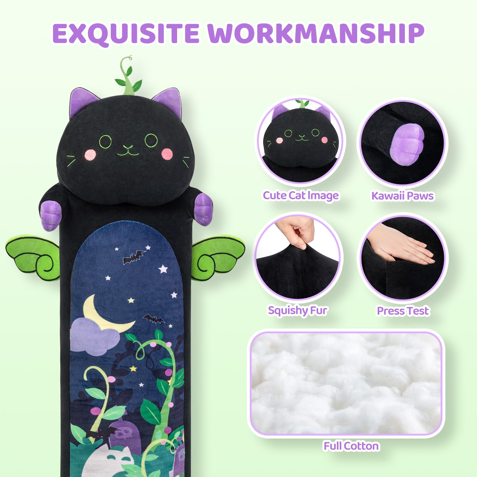 Mewaii Long Cat Plush - 5 Sizes Giant Body Pillow, Kawaii Black Cat Stuffed Toy
