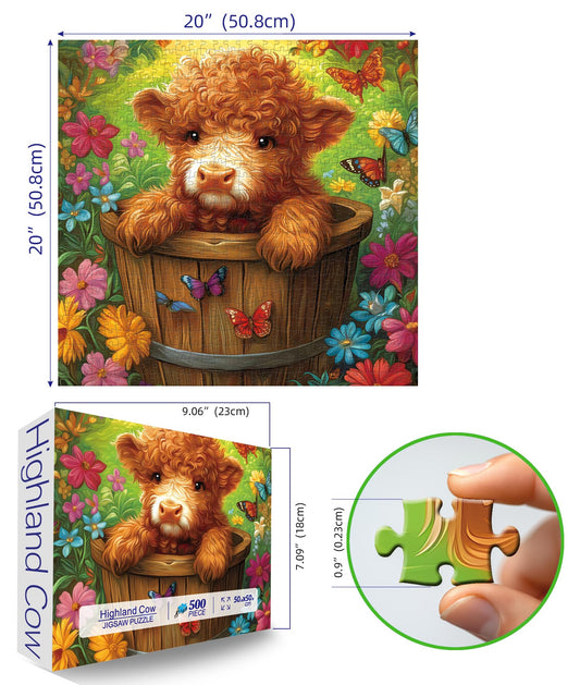 MINIWAN 500-Piece Jigsaw Puzzle – Highland Cow with Butterfly & Flower Design | 20x20 Inches