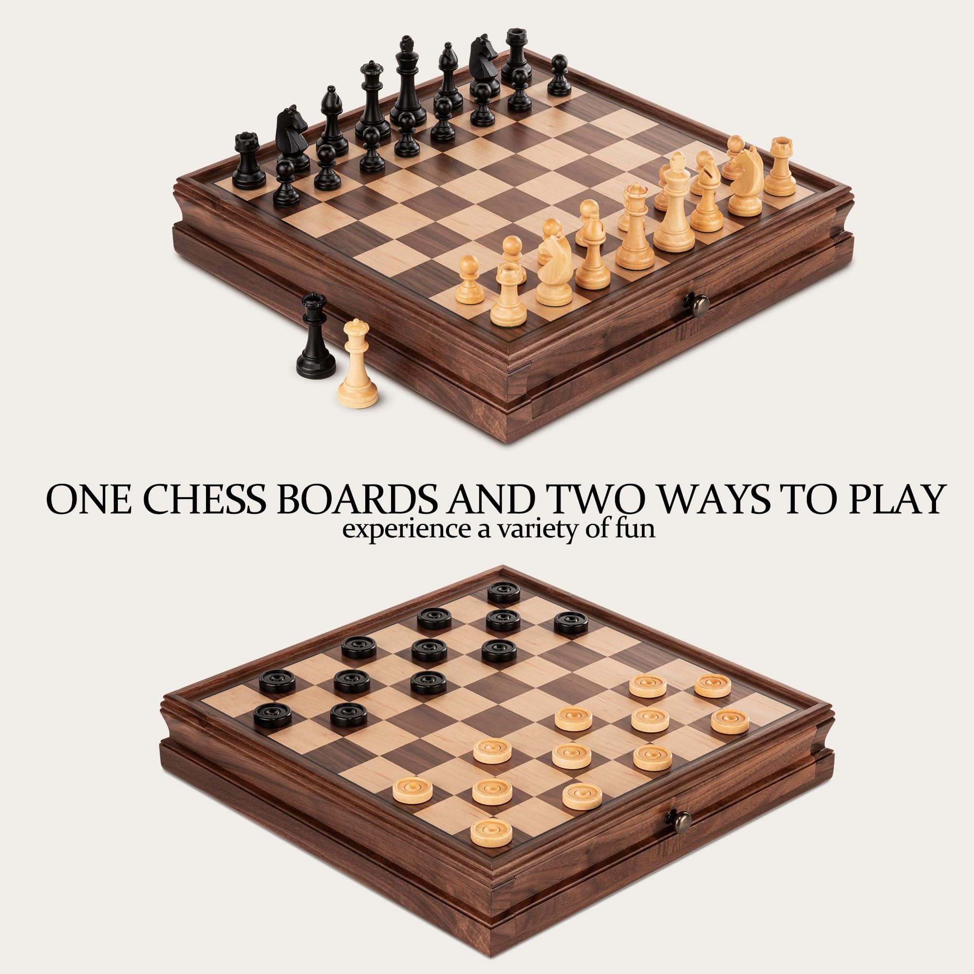 A&A 15-Inch Walnut Chess Set with Storage Drawer - Triple-Weighted Pieces, 3-Inch King, Walnut & Maple Inlay, 2 Extra Queens