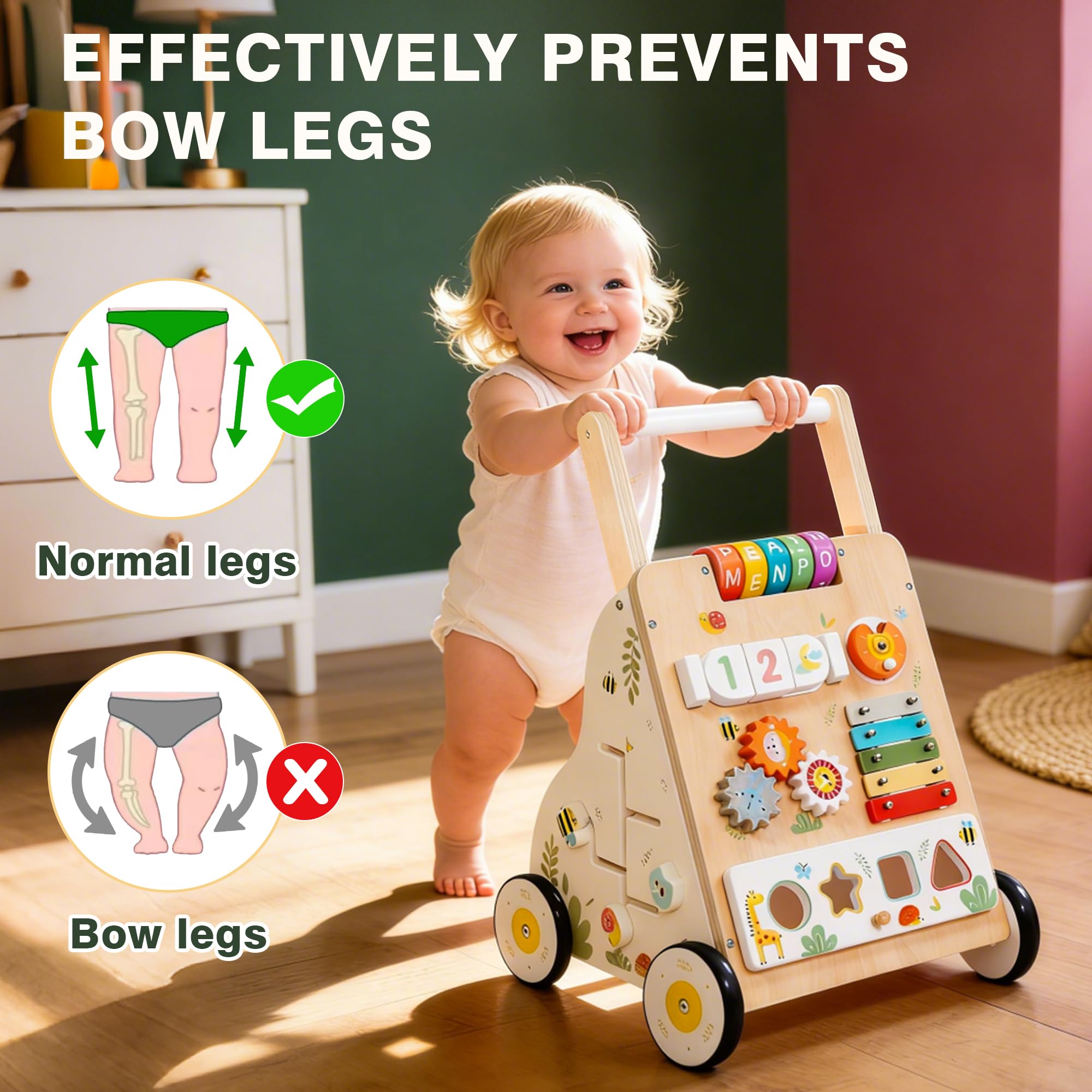ZippyZebra Wooden Baby Walker with Wheels – Adjustable Speed & Montessori Center