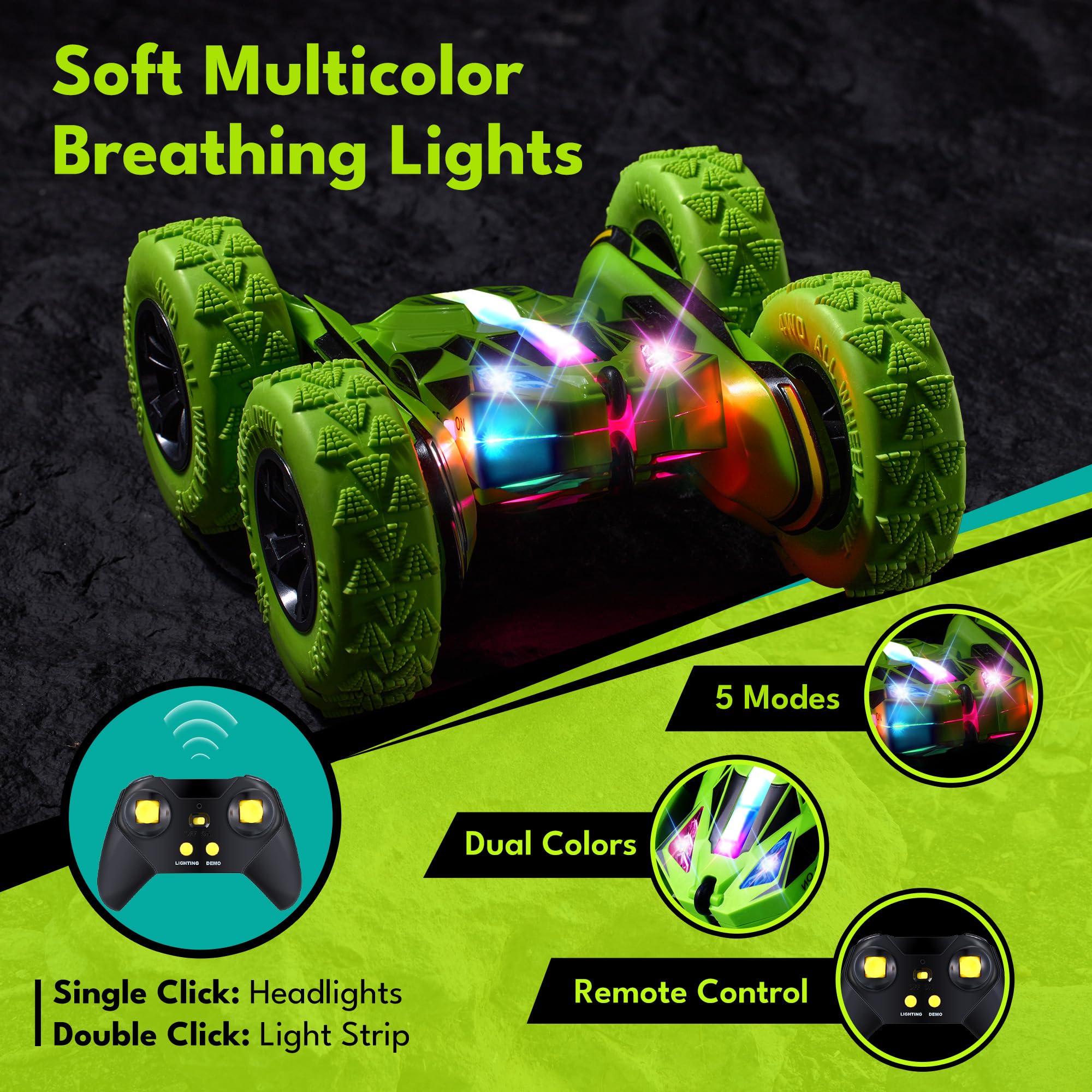 Threeking 4WD RC Car with Modular Batteries, Breathing Lights & 360° Flips — Gift for Kids 6-12