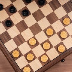 A&A 15-Inch Walnut Chess Set with Storage Drawer - Triple-Weighted Pieces, 3-Inch King, Walnut & Maple Inlay, 2 Extra Queens