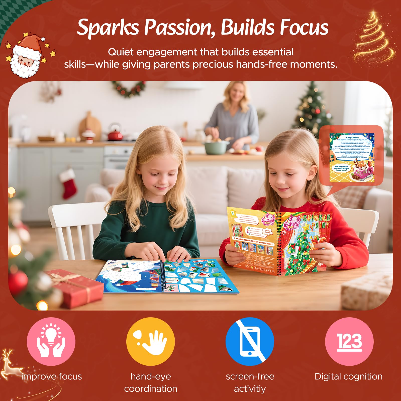CutteeyFyry 4-Pack Paint by Number Sticker Book – Christmas Crafts & Travel Activities for Kids 4–10