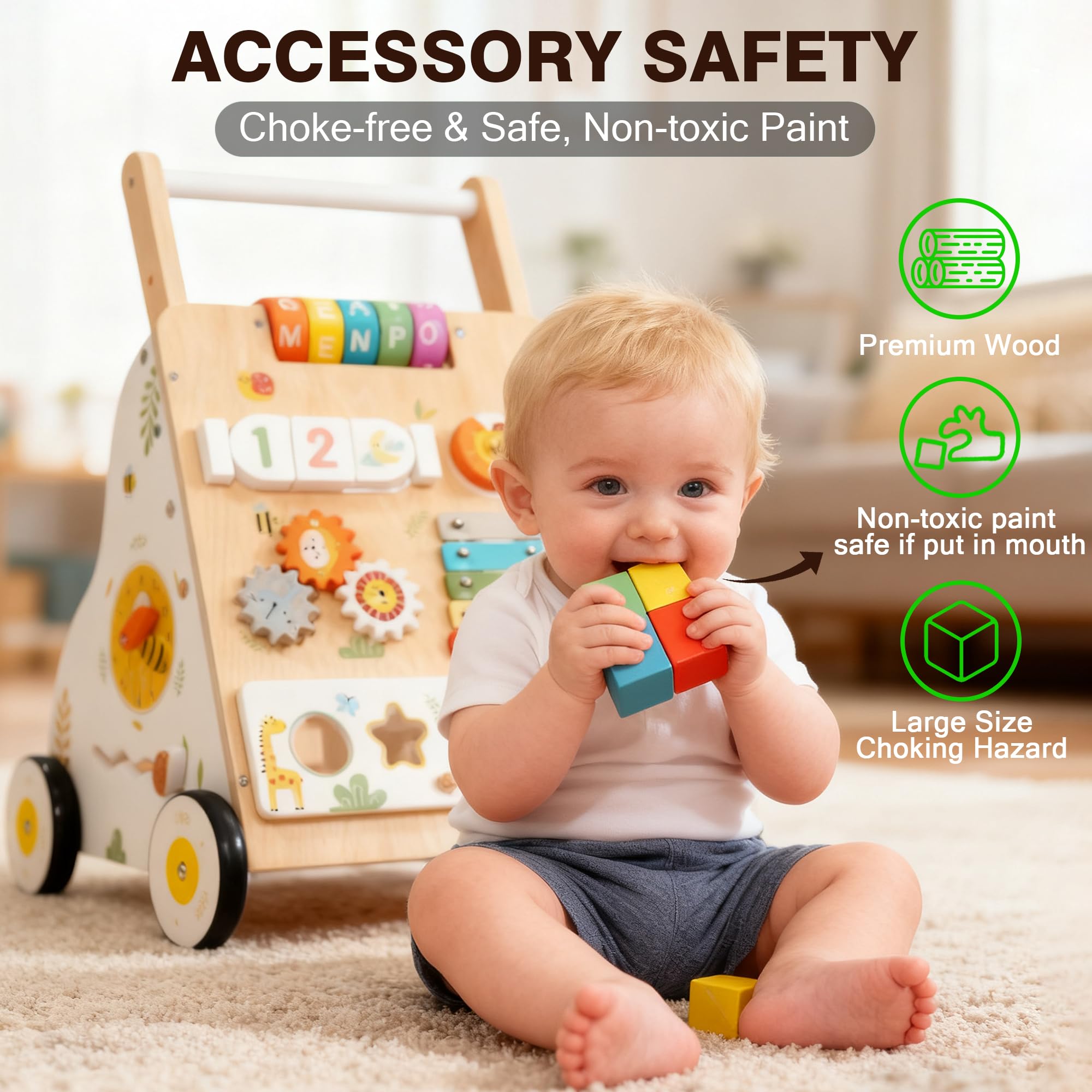 ZippyZebra Wooden Baby Walker with Wheels – Adjustable Speed & Montessori Center