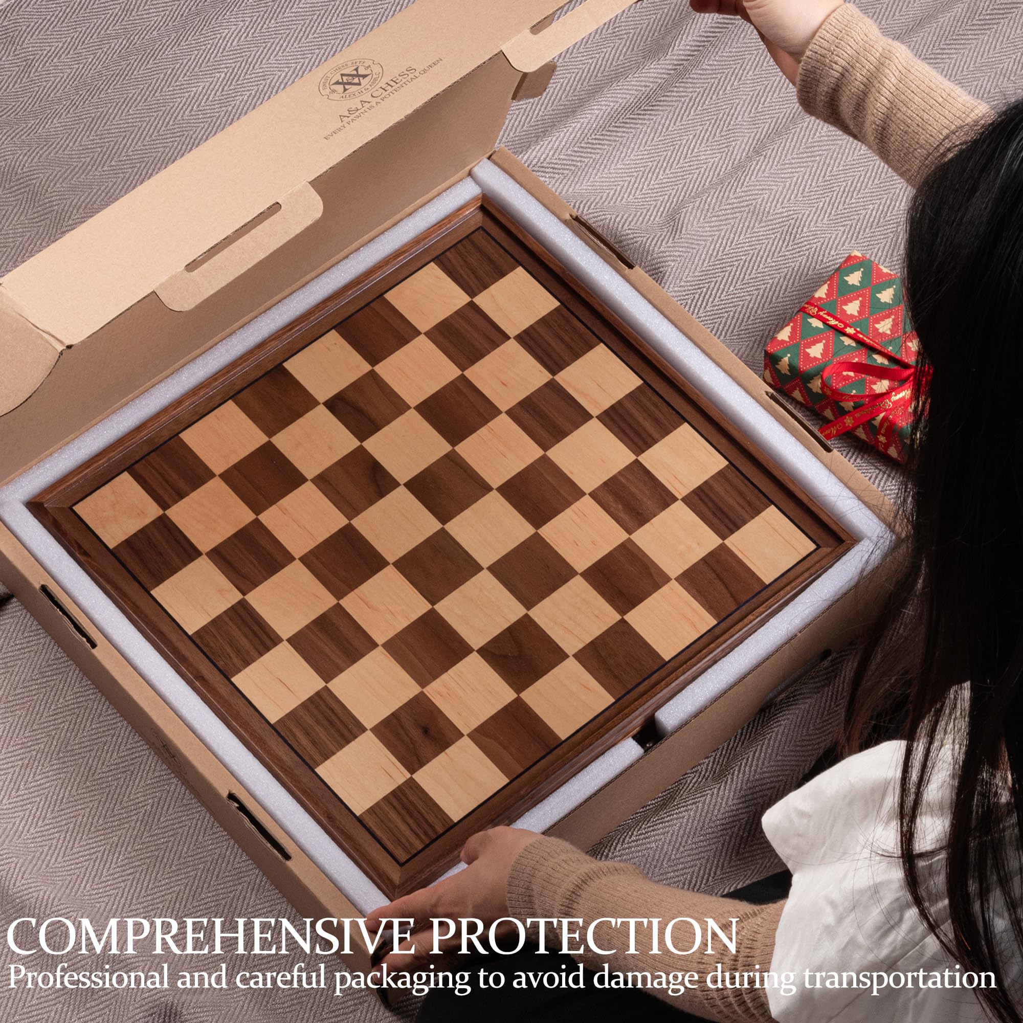 A&A 15-Inch Walnut Chess Set with Storage Drawer - Triple-Weighted Pieces, 3-Inch King, Walnut & Maple Inlay, 2 Extra Queens