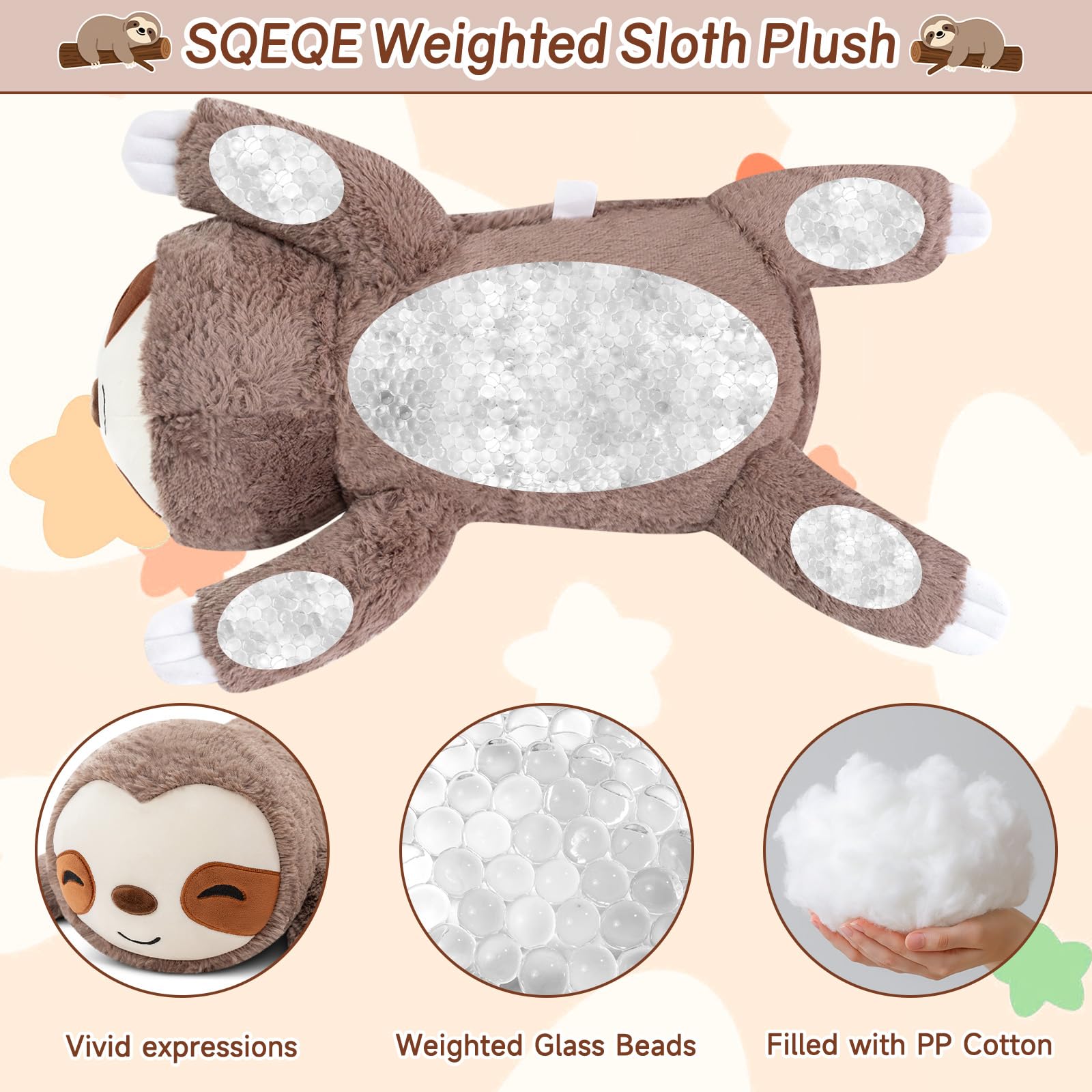 SQEQE Weighted Stuffed Animals Sloth Plush, Weighted Sloth Stuffed Animals Plushies, Soft Pillow Toy for Kids Adults, Christmas & Birthday Gifts 9.8 Inch, 0.8 Lb
