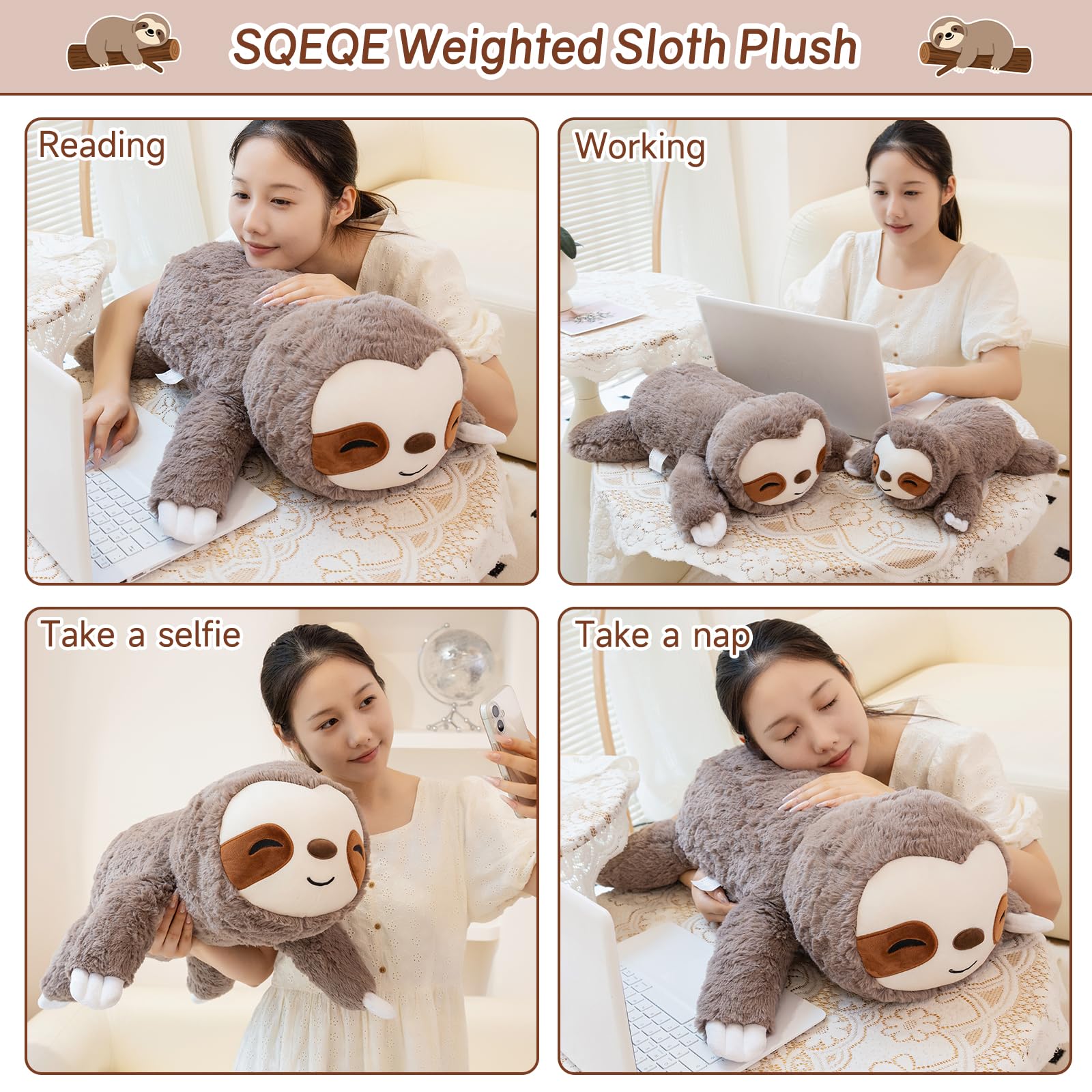 SQEQE Weighted Stuffed Animals Sloth Plush, Weighted Sloth Stuffed Animals Plushies, Soft Pillow Toy for Kids Adults, Christmas & Birthday Gifts 9.8 Inch, 0.8 Lb